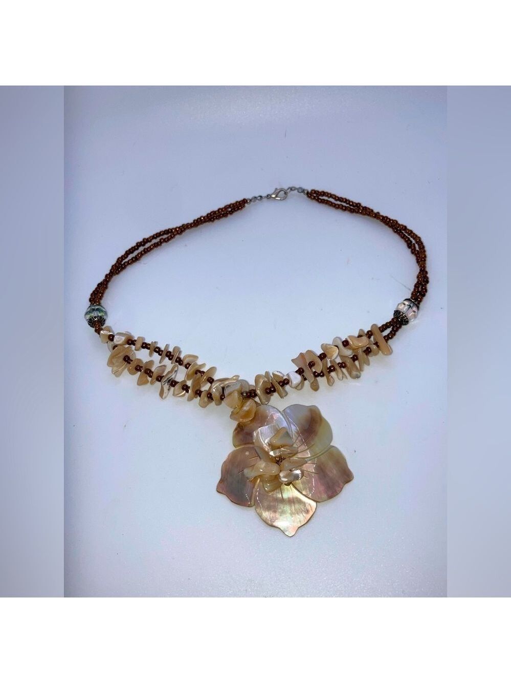 Vtg Mother Of Pearl MOP Carved Flora Flower Beaded Necklace 16” + 2.5” Pendant